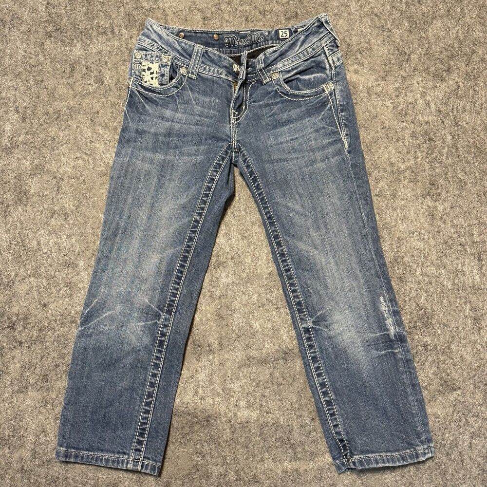 Miss Me Jeans Size 25 JP6158P Embroidered Cuffed Capri Blue Embellished Cropped